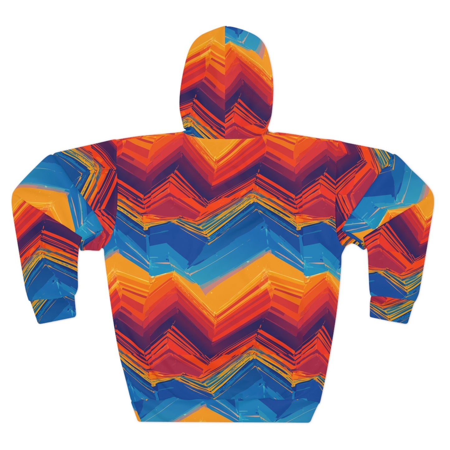 Digital Sunset Chevron Hoodie — Crimson & Cobalt Vector Wave AOP Pullover from Maximalist Motifs