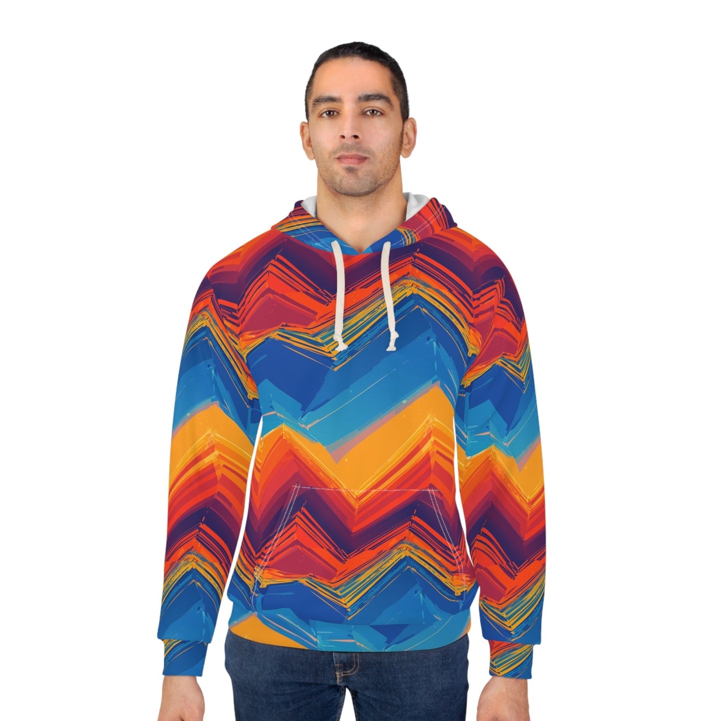 Digital Sunset Chevron Hoodie — Crimson & Cobalt Vector Wave AOP Pullover from Maximalist Motifs
