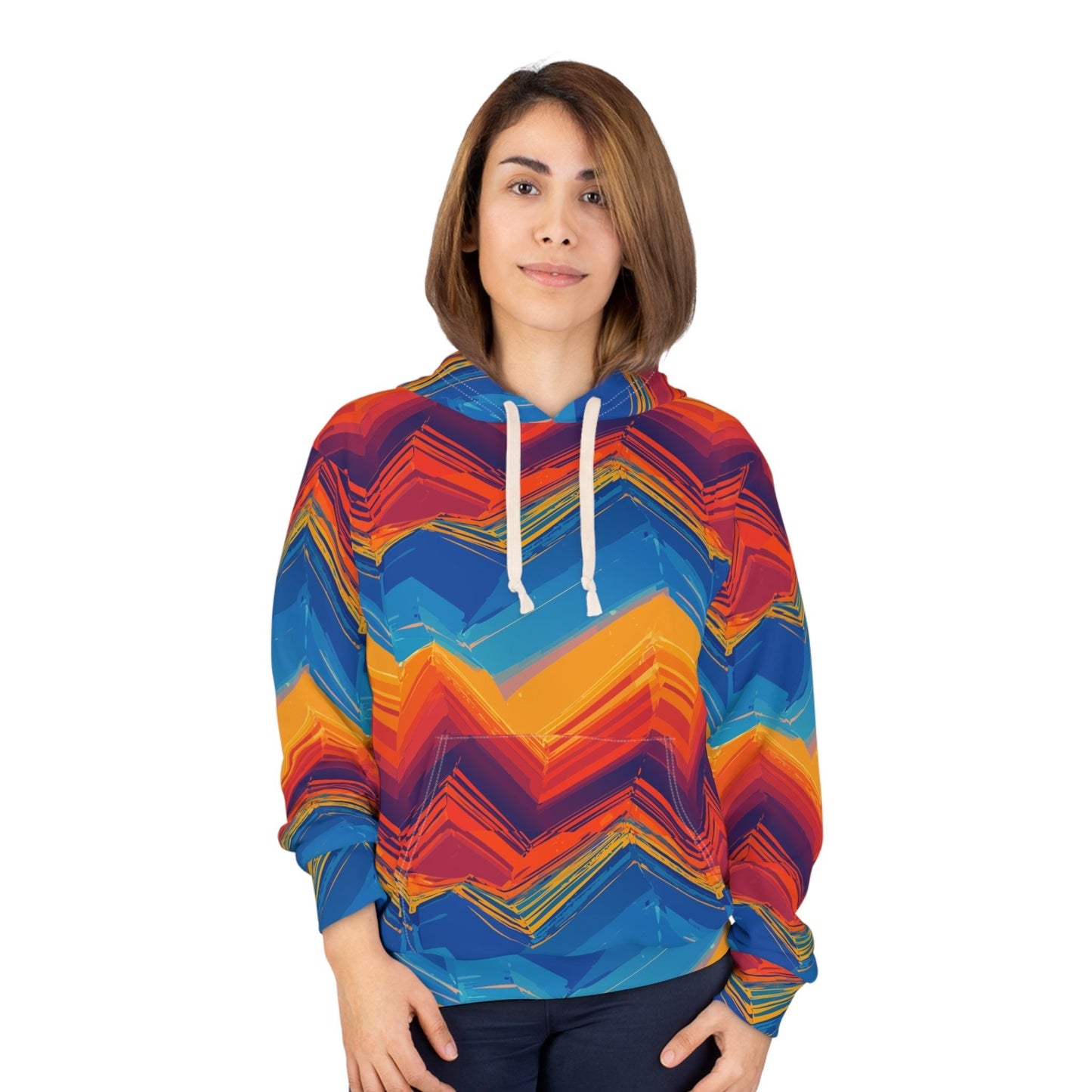 Digital Sunset Chevron Hoodie — Crimson & Cobalt Vector Wave AOP Pullover from Maximalist Motifs