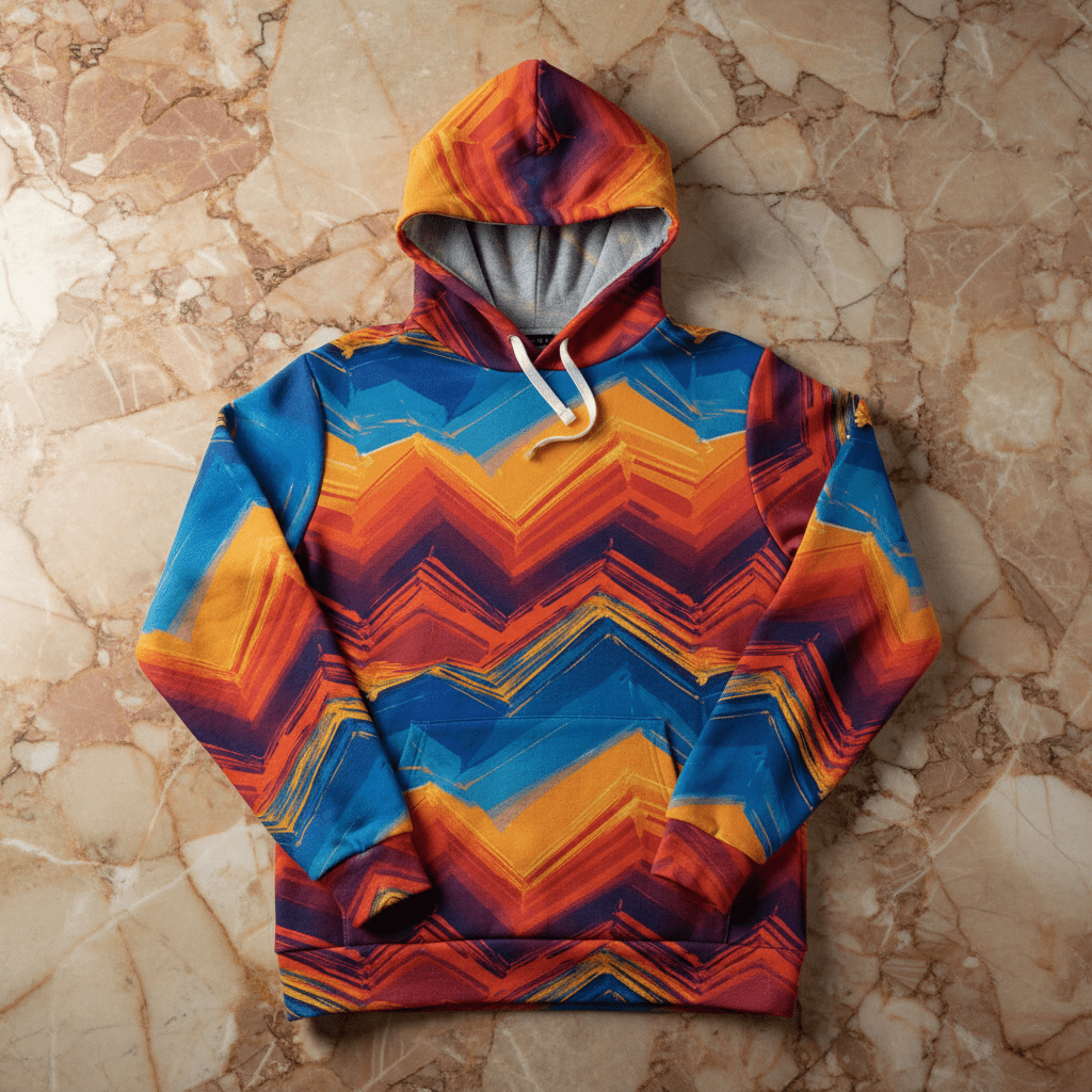 Digital Sunset Chevron Hoodie — Crimson & Cobalt Vector Wave AOP Pullover from Maximalist Motifs