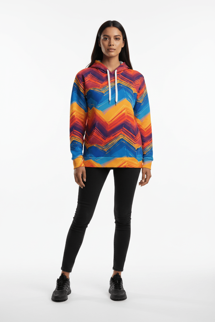 Digital Sunset Chevron Hoodie — Crimson & Cobalt Vector Wave AOP Pullover from Maximalist Motifs