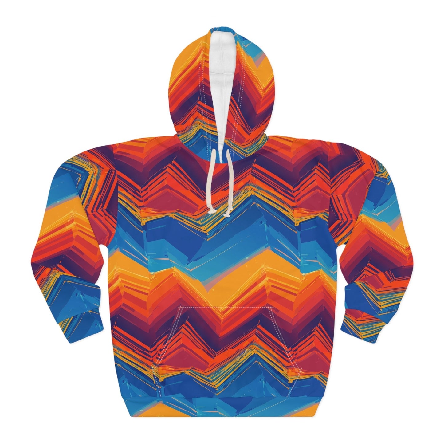 Digital Sunset Chevron Hoodie — Crimson & Cobalt Vector Wave AOP Pullover from Maximalist Motifs