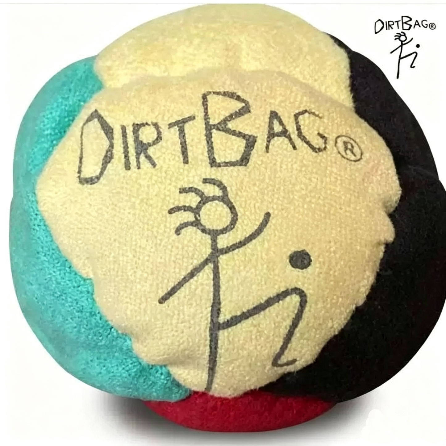 Multi-color Dirtbag Classic footbag with yellow, teal, and black panels, soft pellet-filled for professional hacky sack play.