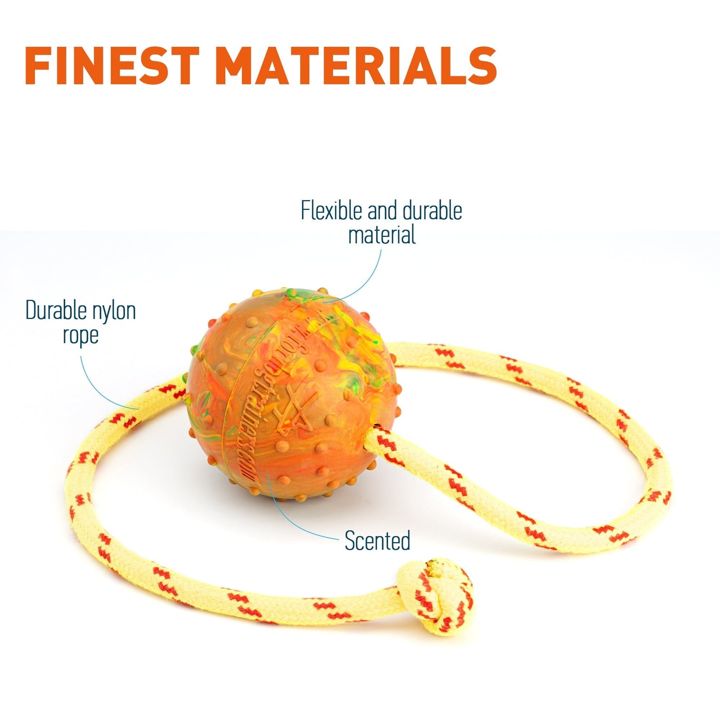 Dogline FDT Solid Rubber Dog Ball on Rope, Large - Diameter 2.75" (7 cm)