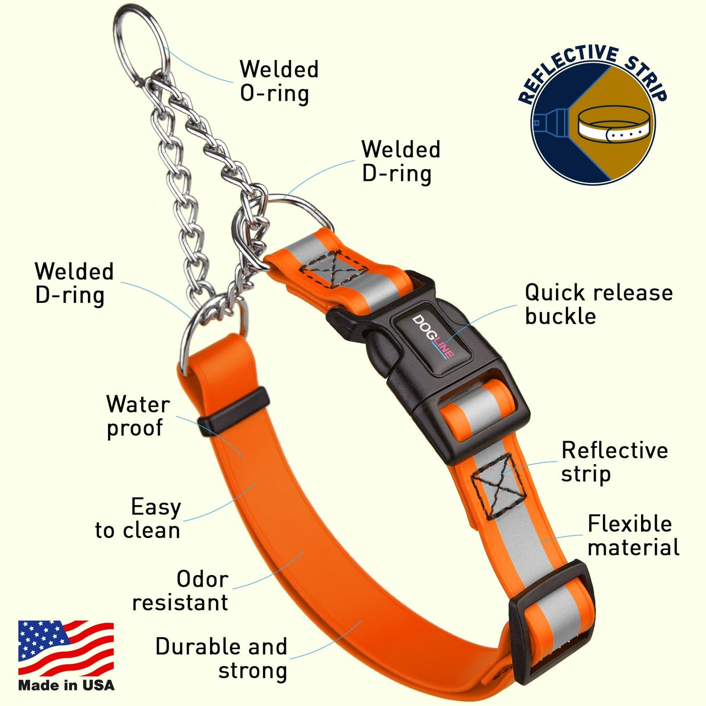 Dogline Reflective Biothane Martingale Collar with Quick Release Buckle