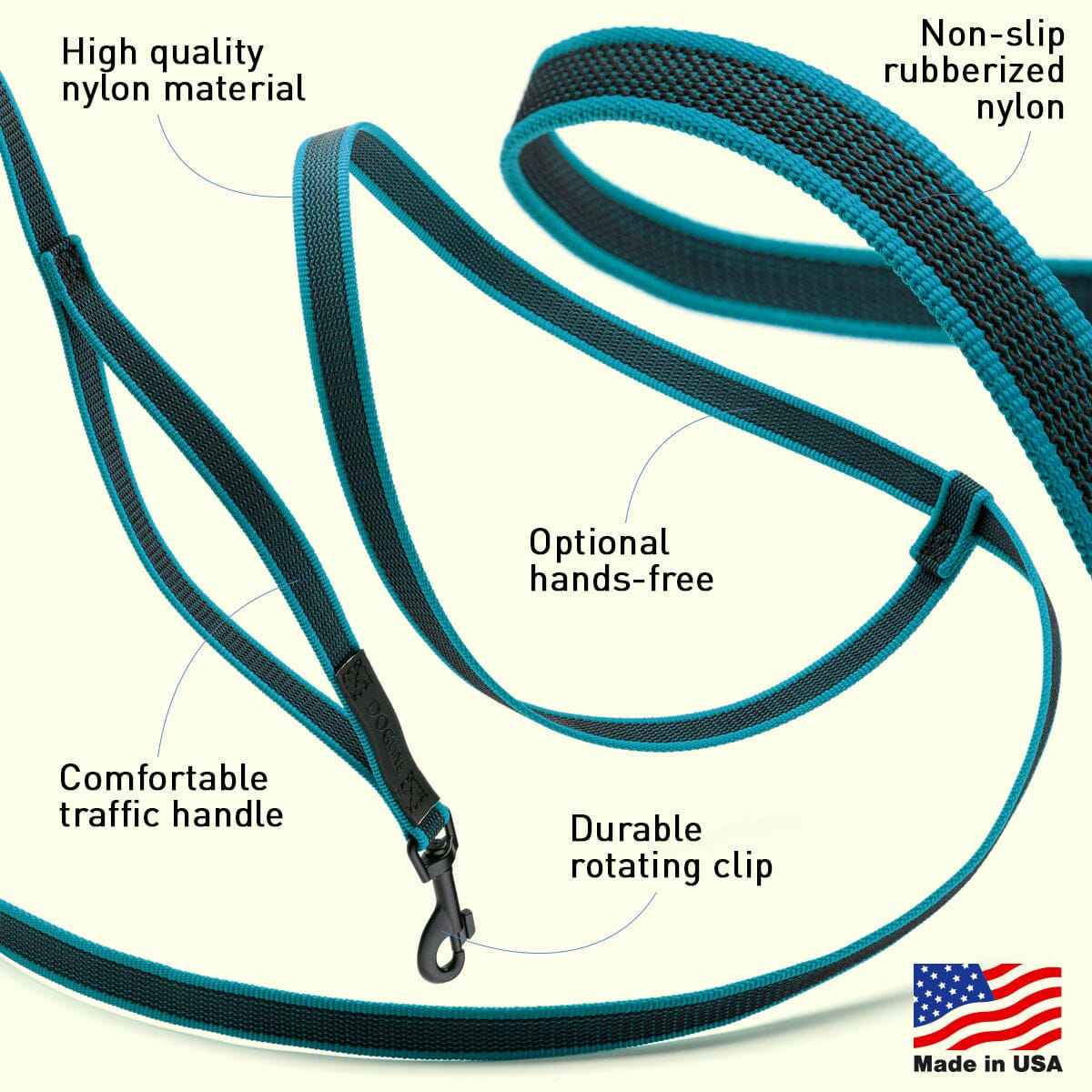 Dogline Rubber Infused Nylon Multifunctional Dog Leash for Walking and Running Hands Free