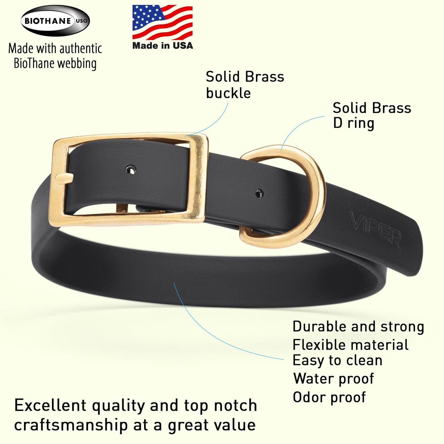 Dogline Viper Biothane Waterproof Dog Collar - Brass Hardware - Size L (18" - 22")