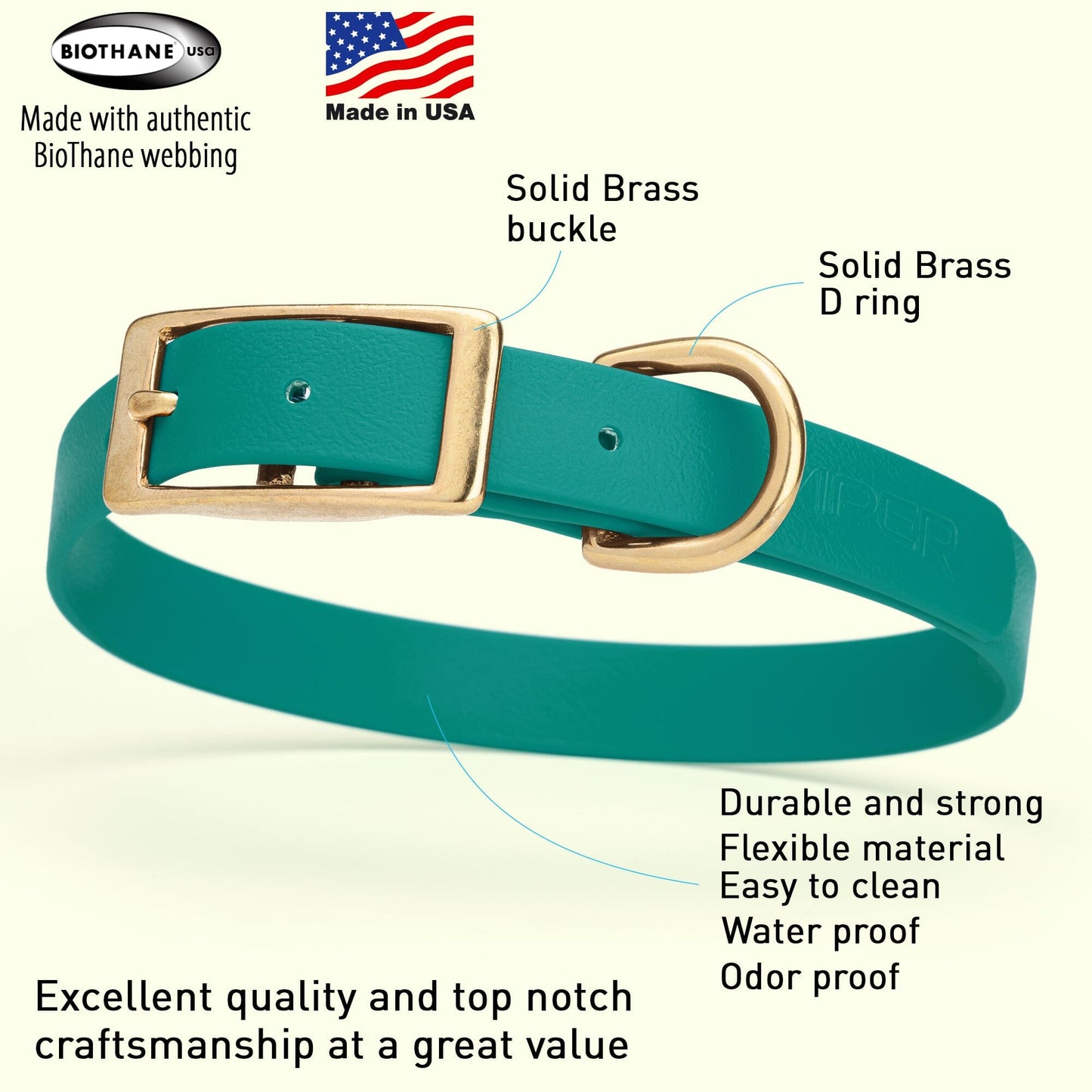 Dogline Viper Biothane Waterproof Dog Collar - Brass Hardware - Size M (15" - 18")