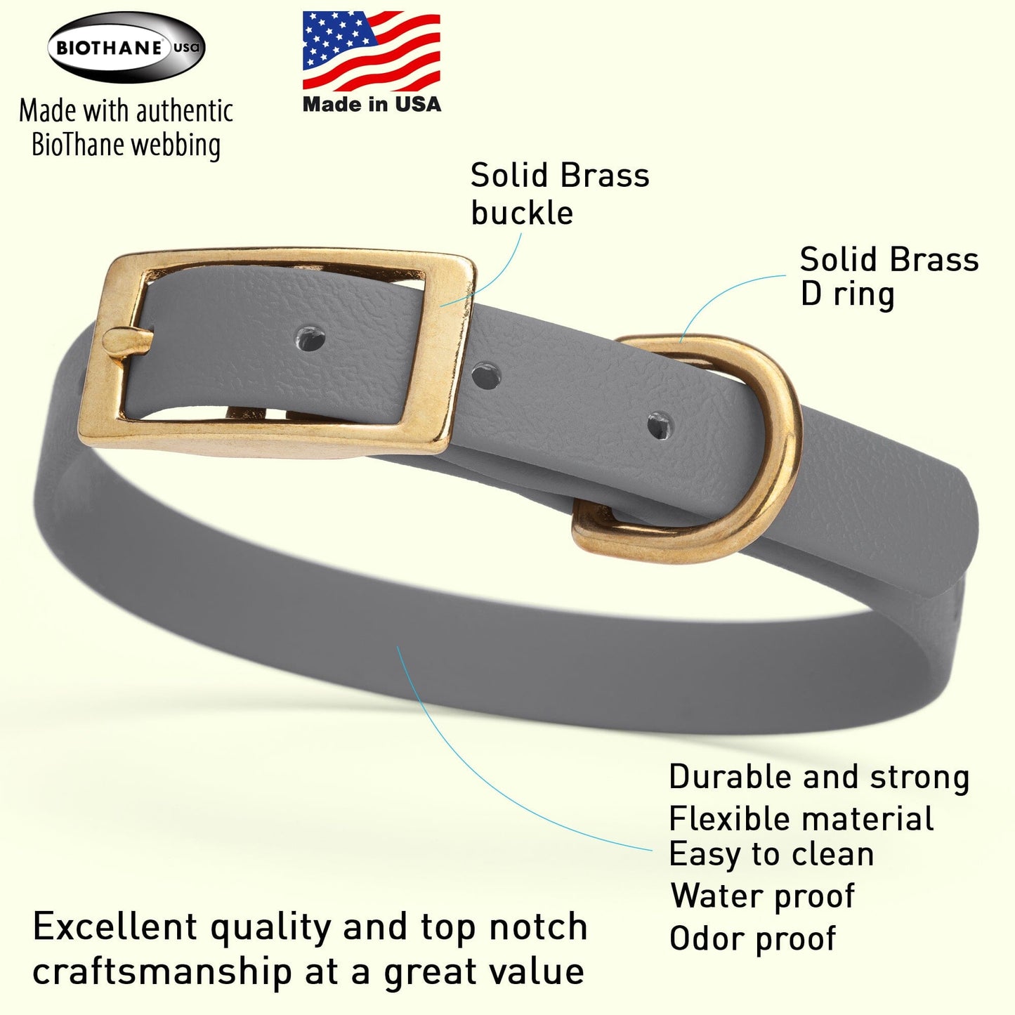 Dogline Viper Biothane Waterproof Dog Collar - Brass Hardware - Size S (12" - 15")