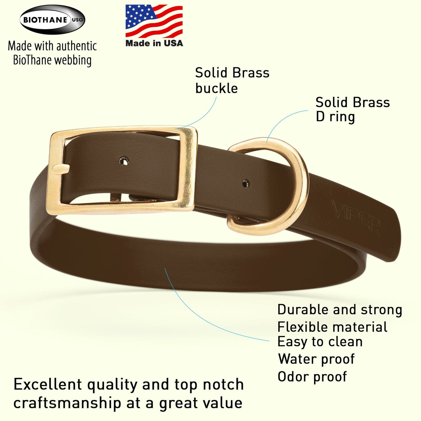 Dogline Viper Biothane Waterproof Dog Collar - Brass Hardware - Size XL (22" - 25")