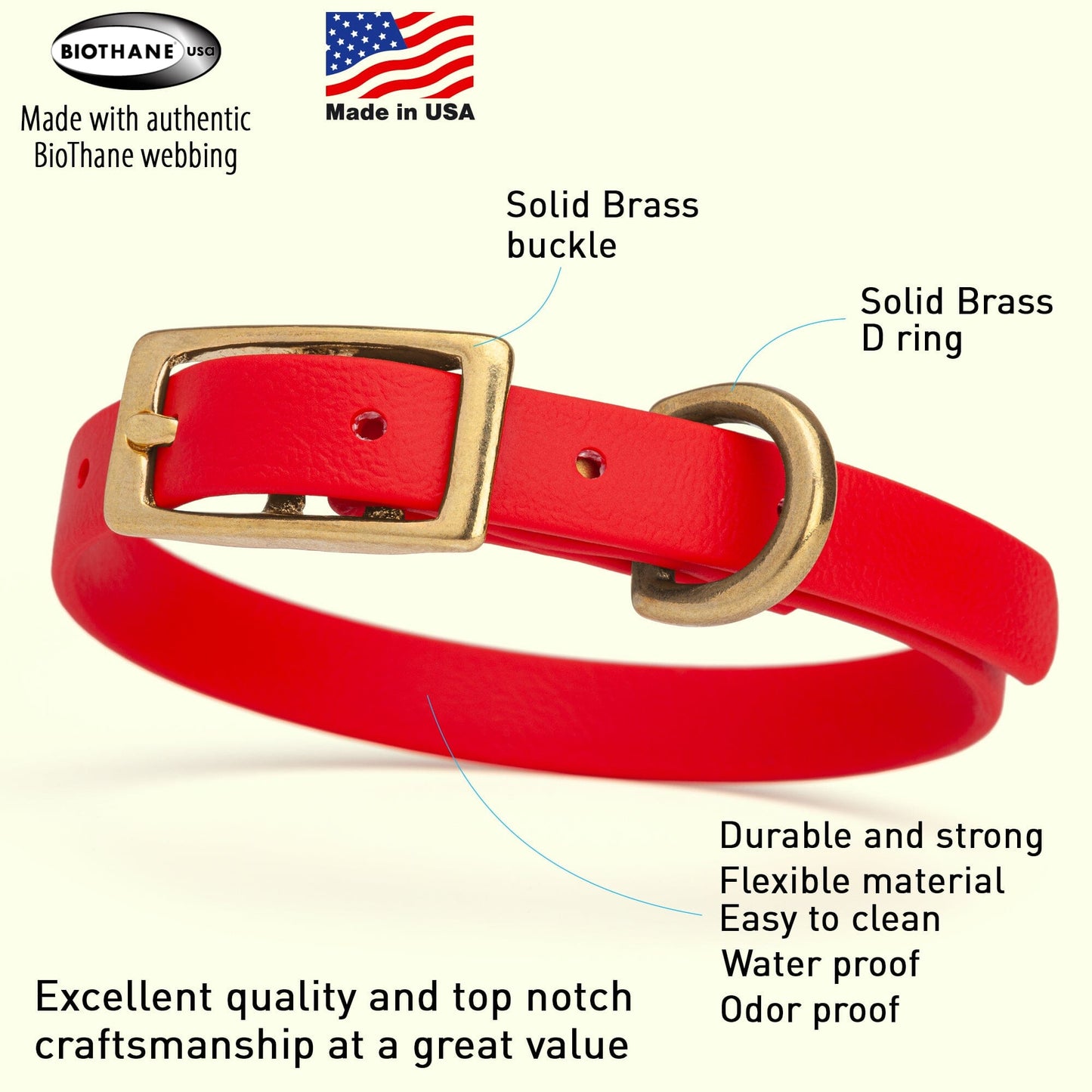 Dogline Viper Biothane Waterproof Dog Collar - Brass Hardware - Size XS (9" - 12")