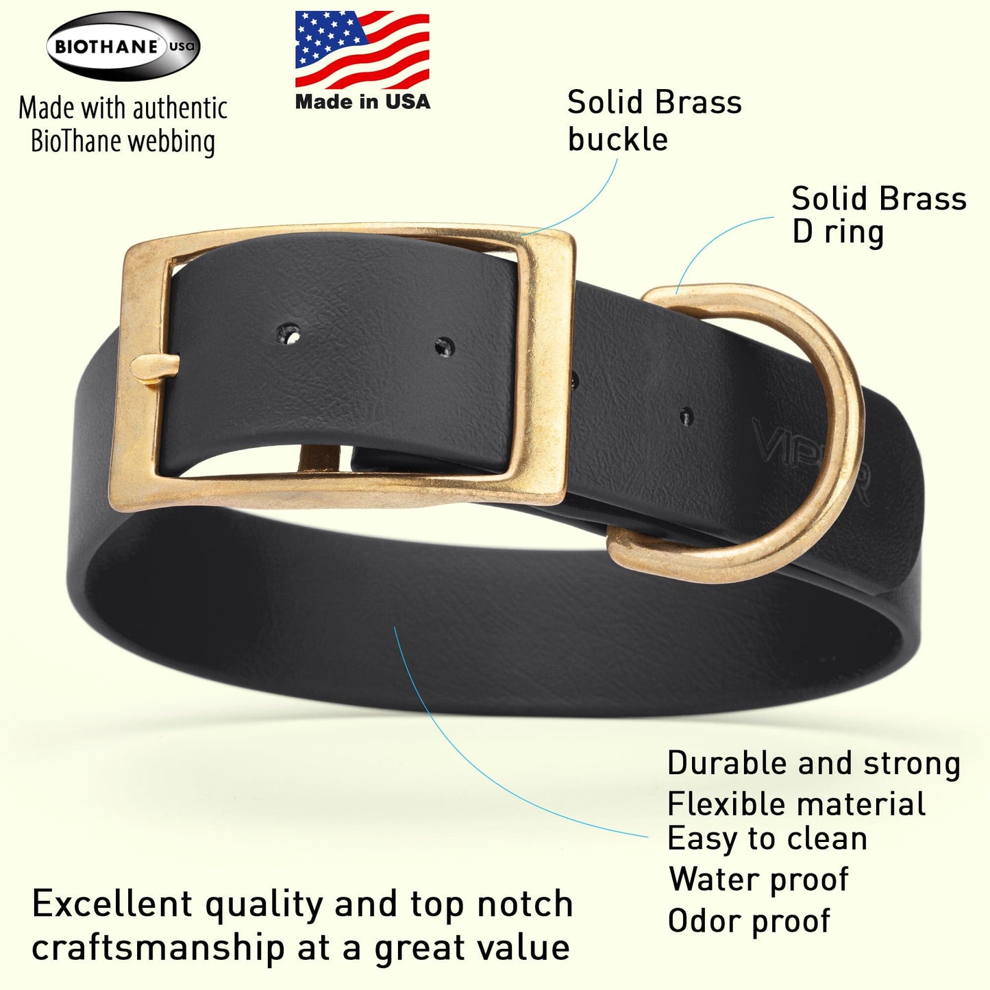Dogline Viper Biothane Waterproof Dog Collar - Brass Hardware - Wide - Size L (16" - 20")
