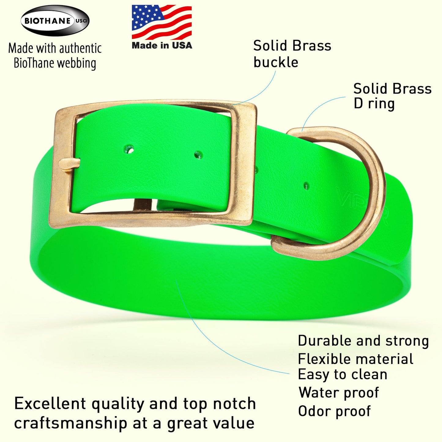 Dogline Viper Biothane Waterproof Dog Collar - Brass Hardware - Wide - Size XL (20" - 24")