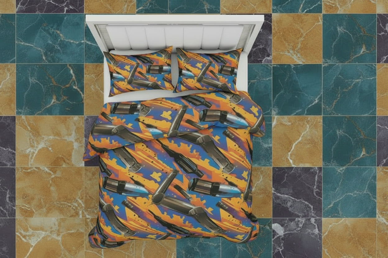 Tactical Brushstroke Camo 3-Piece Bedding Set — Orange & Teal AOP Duvet Cover + Pillowcases, Dopamine Decor