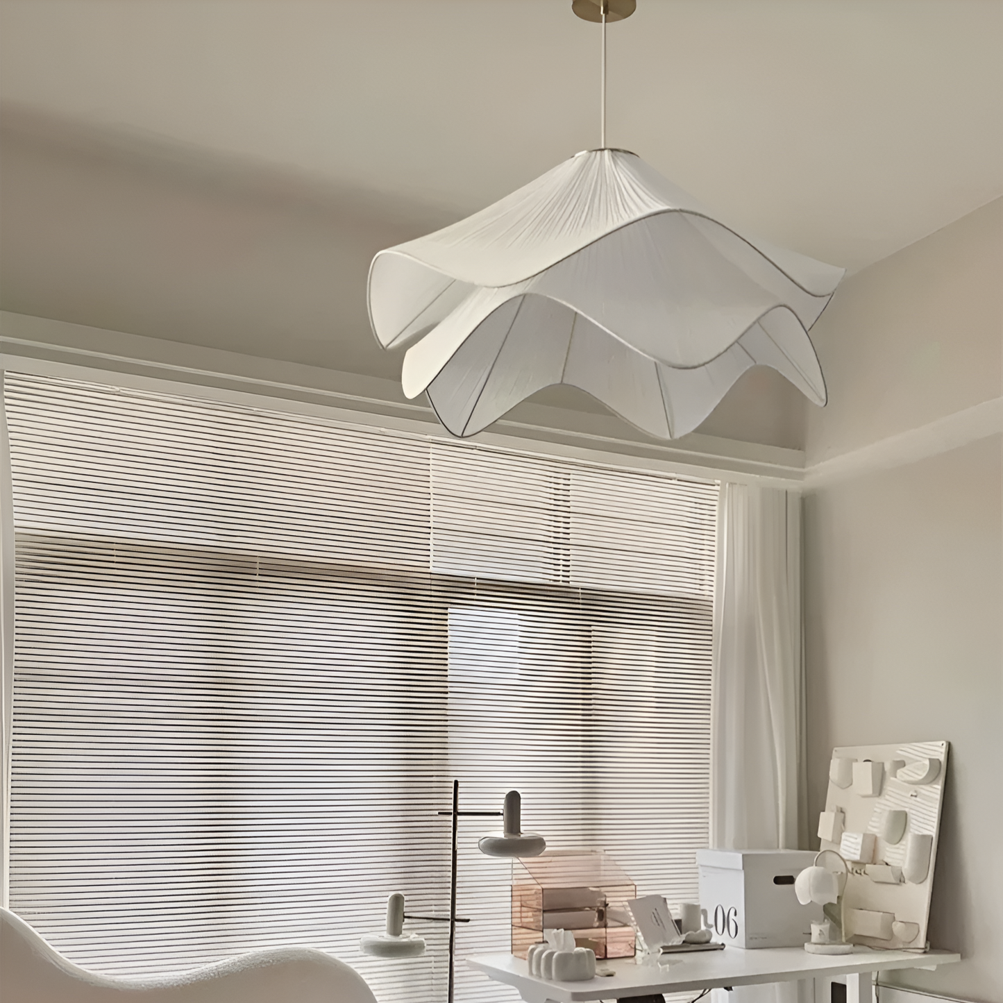 White Japandi Fabric pendant lights LED Light With Wavy Shade