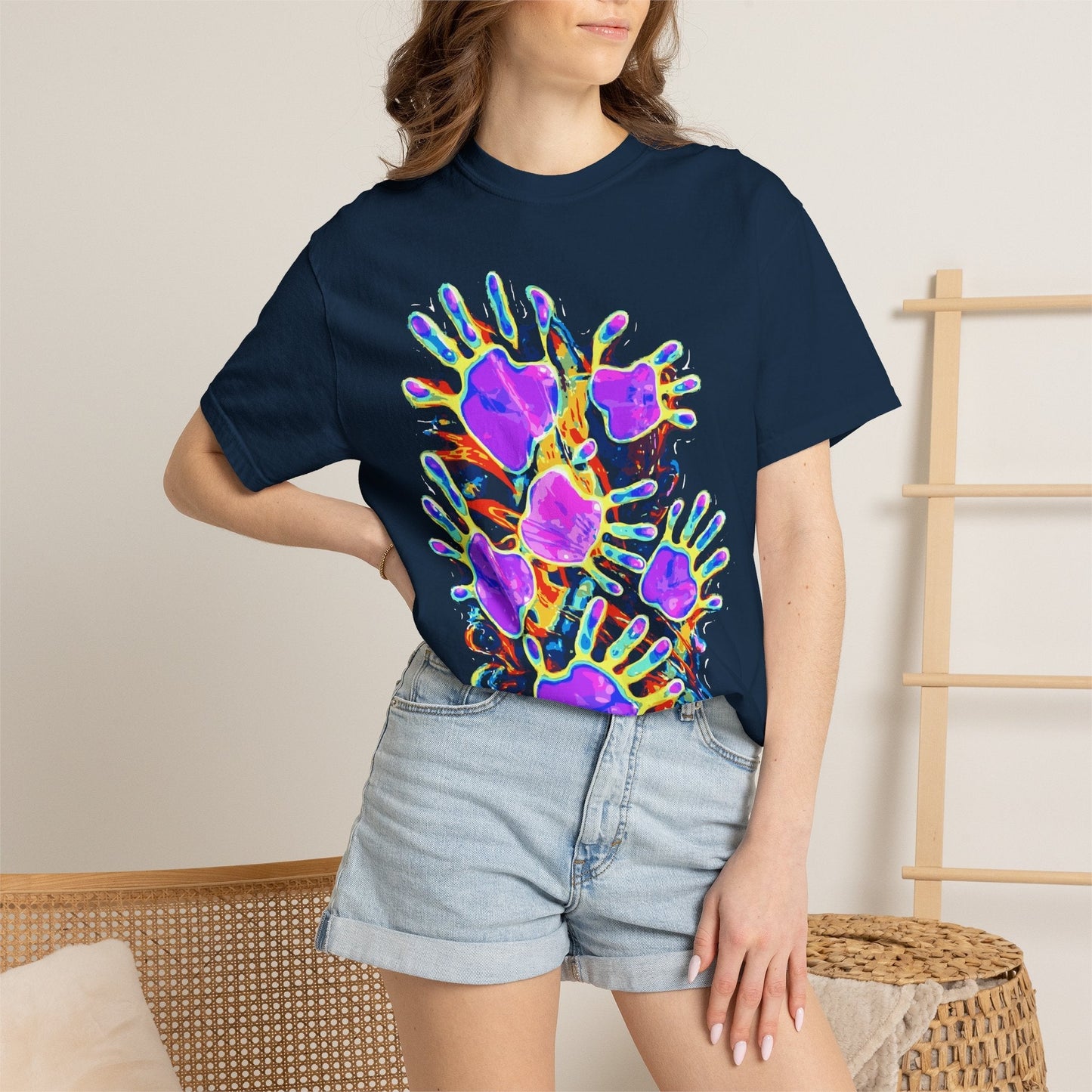 Dyles Mavis Handprint Psychedelic Neon T-Shirt for Bold Streetwear Collectors — Premium Heavyweight Cotton Original Art, Oversized Statement Tee