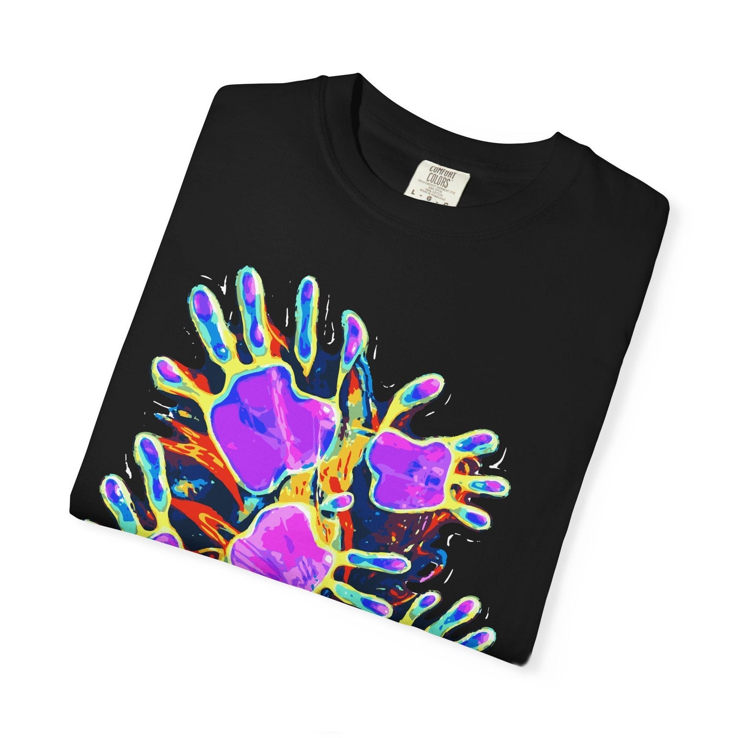 Dyles Mavis Handprint Psychedelic Neon T-Shirt for Bold Streetwear Collectors — Premium Heavyweight Cotton Original Art, Oversized Statement Tee