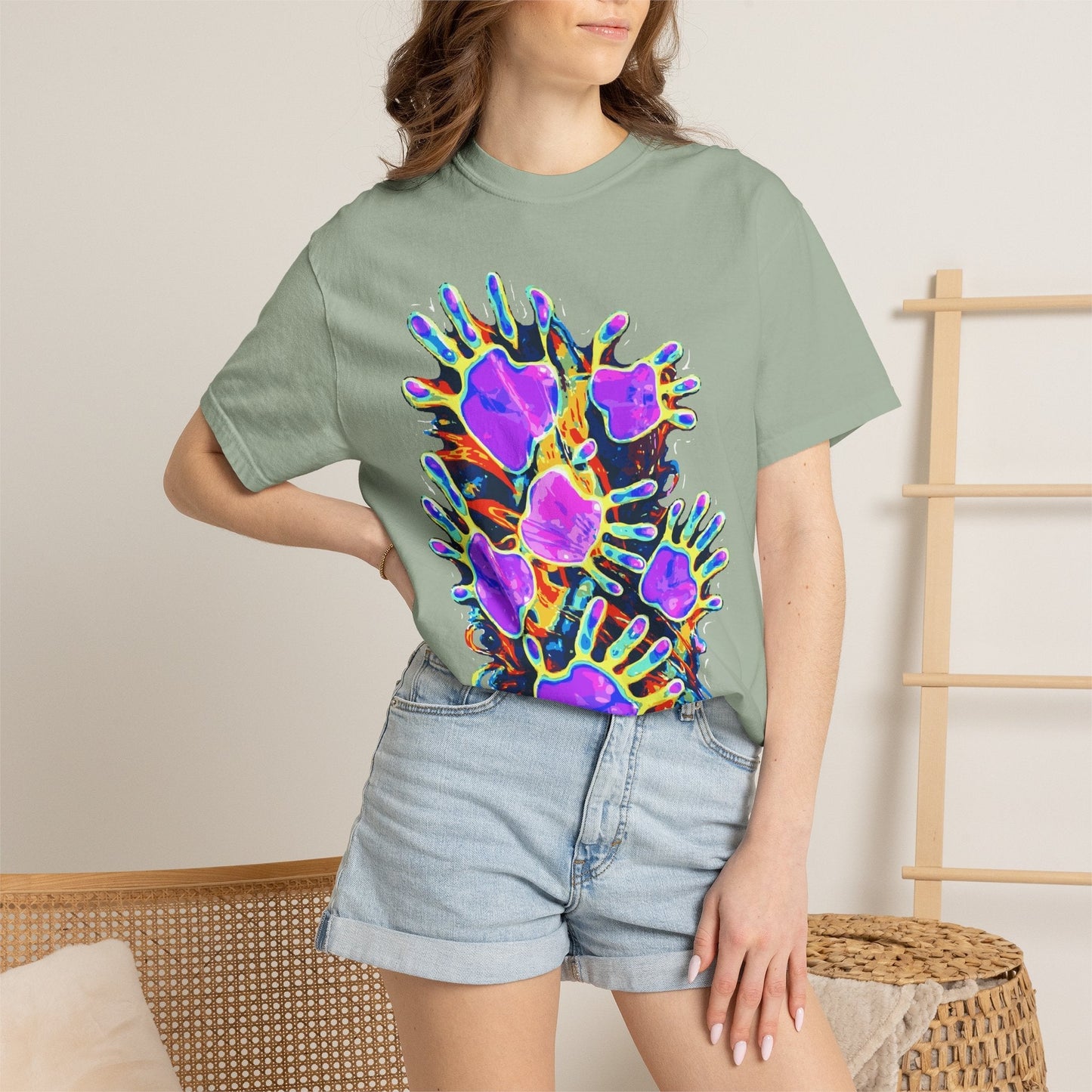 Dyles Mavis Handprint Psychedelic Neon T-Shirt for Bold Streetwear Collectors — Premium Heavyweight Cotton Original Art, Oversized Statement Tee