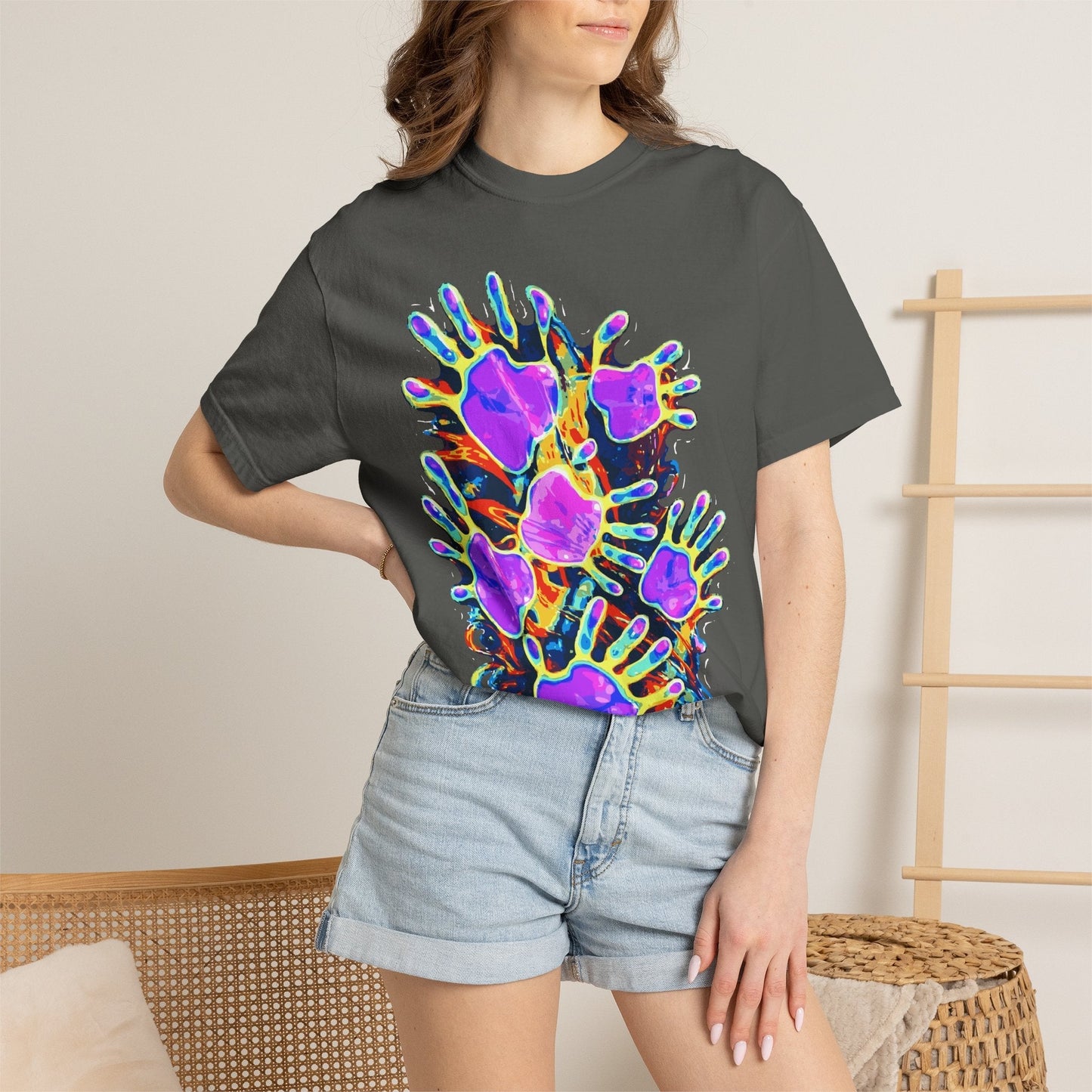 Dyles Mavis Handprint Psychedelic Neon T-Shirt for Bold Streetwear Collectors — Premium Heavyweight Cotton Original Art, Oversized Statement Tee