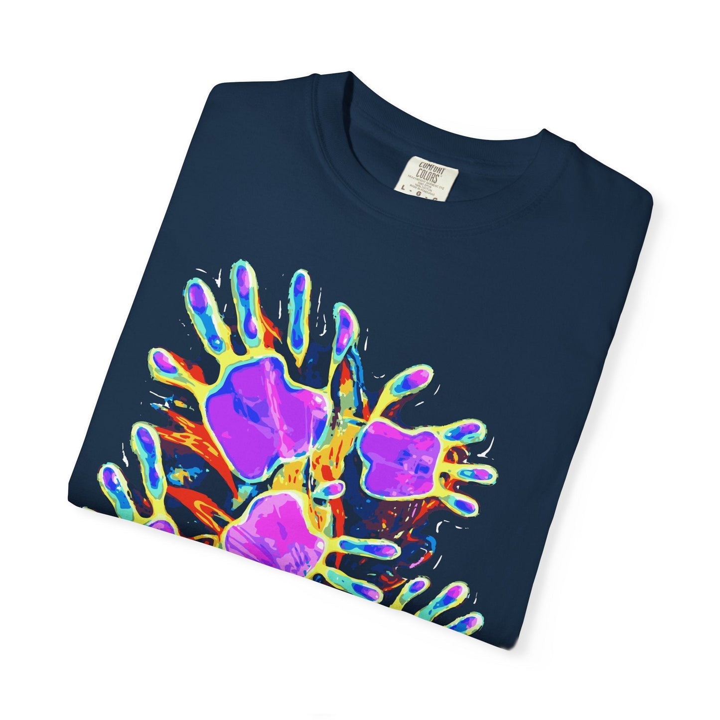 Dyles Mavis Handprint Psychedelic Neon T-Shirt for Bold Streetwear Collectors — Premium Heavyweight Cotton Original Art, Oversized Statement Tee