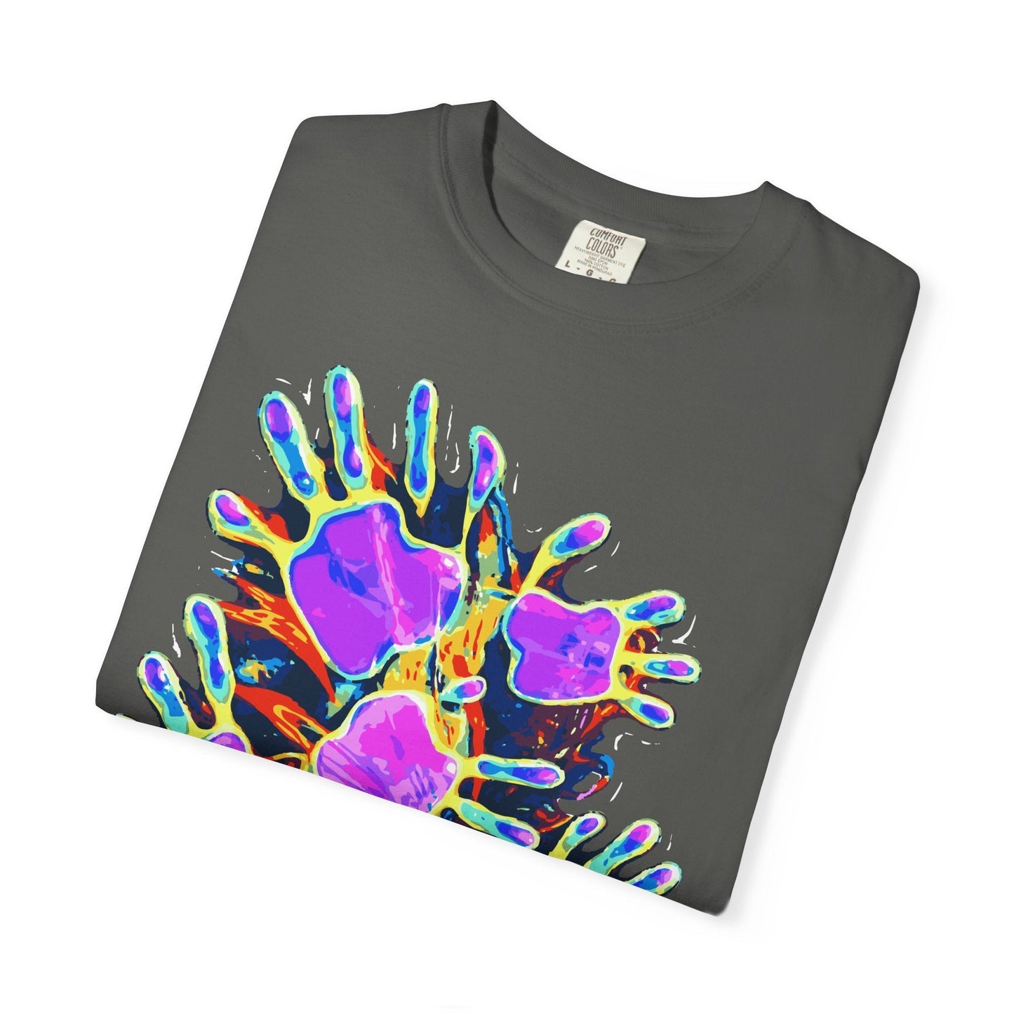 Dyles Mavis Handprint Psychedelic Neon T-Shirt for Bold Streetwear Collectors — Premium Heavyweight Cotton Original Art, Oversized Statement Tee