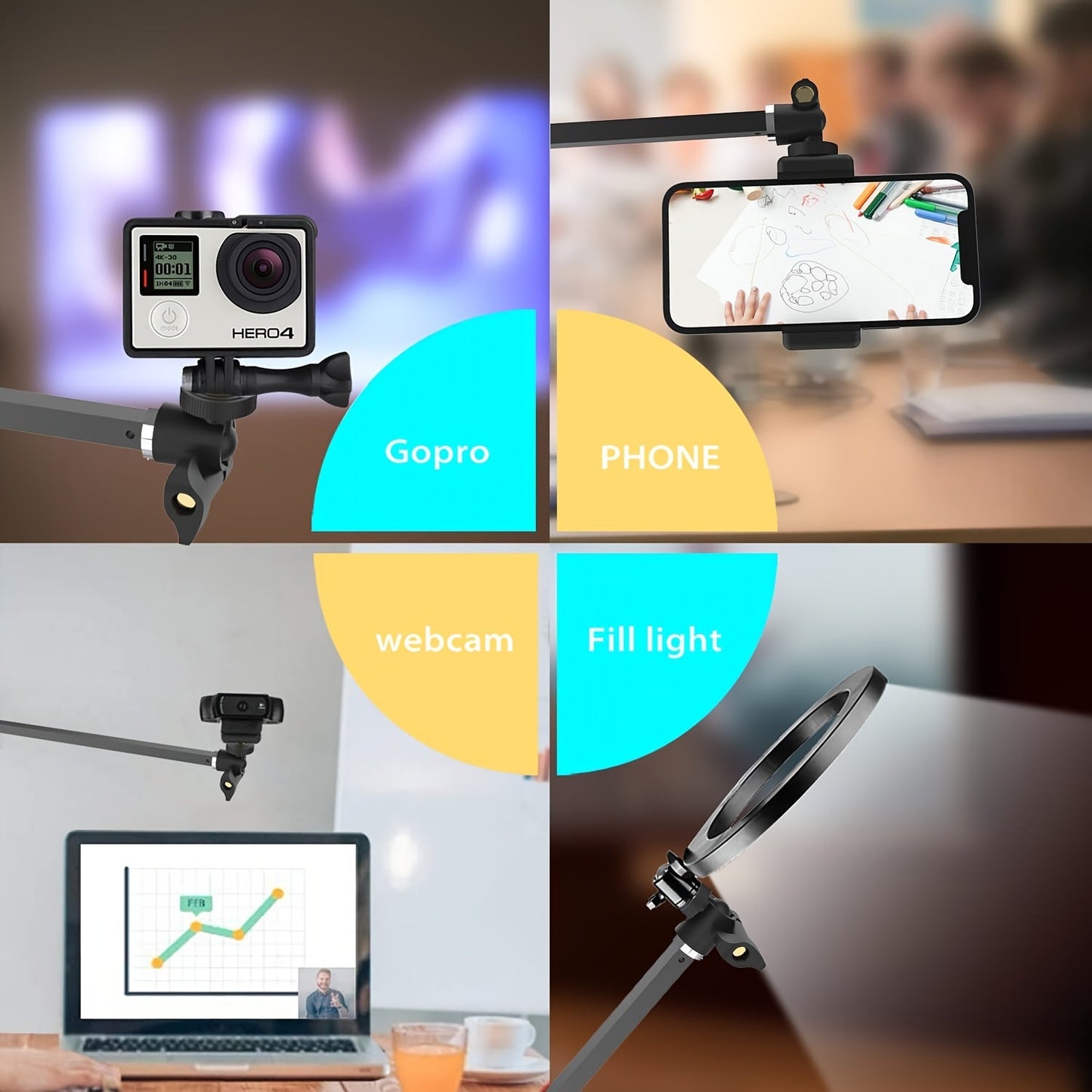 Long Overhead Tripod Mount for iPhone Webcam Ring Light - DV3H
