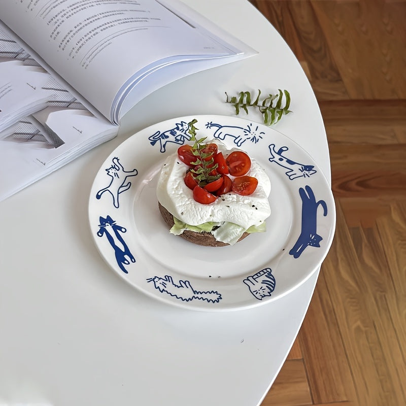 Vintage Cute Kitten Puppy Blue Breakfast Ceramic Plate - DO2K