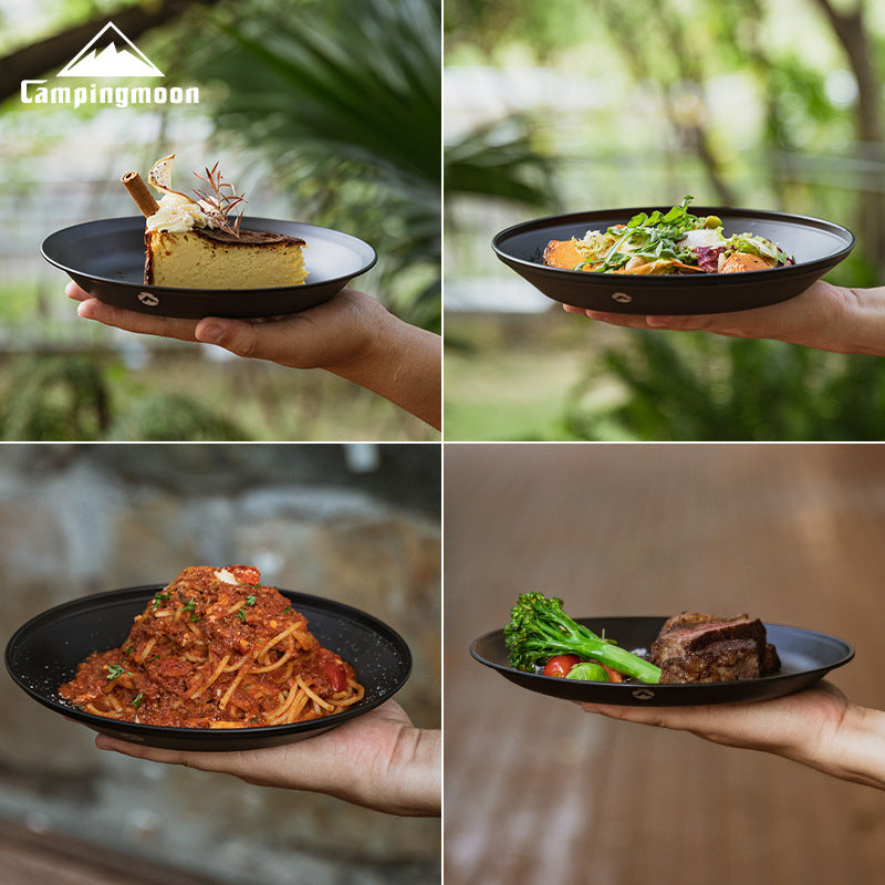 Campingmoon BKS397-1/2S Black Dinner Plate Sets Large 4/8pcs Sets Stainless Steel Outdoor Camping Dish Plate Dining Utensil With Storage Bag