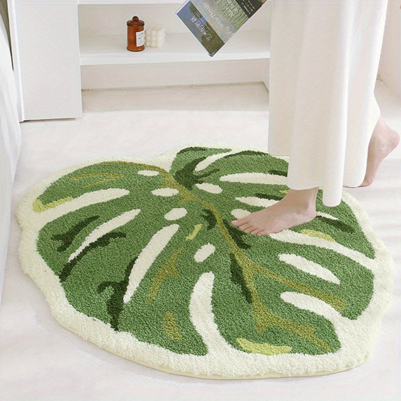 Soft Plush Green Monstera Leaf Area Mat - W3DB