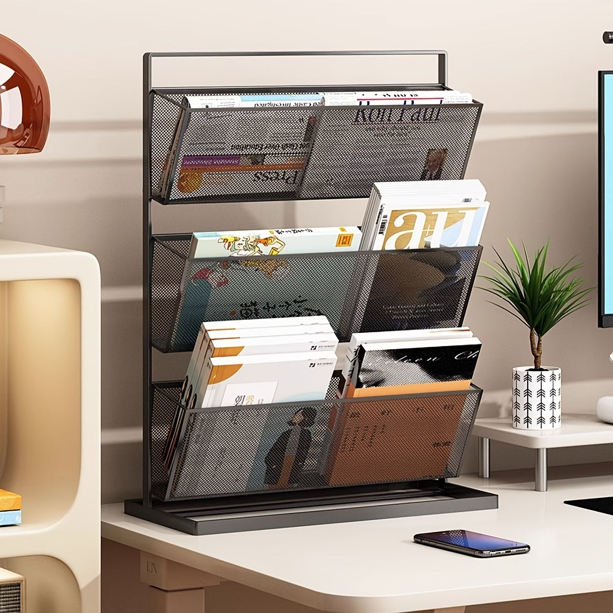 3-Tier White Metal Storage Rack for Office Supplies - F2IJ