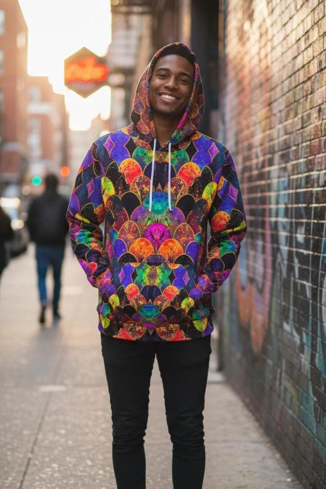 Rainbow Fish Primal Print Hoodie - Vibrant Aquatic Art Sweatshirt for Bold Streetwear