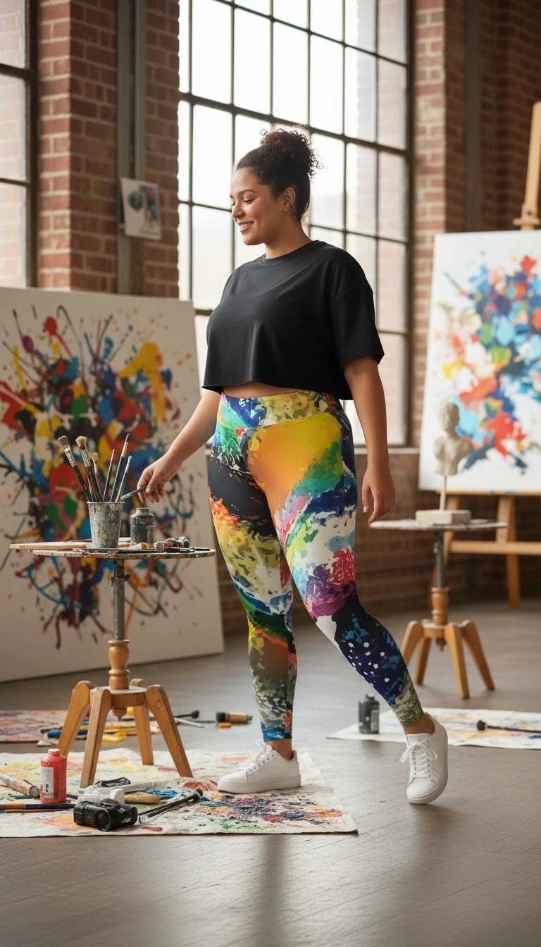 Maximalist Paint Splash Leggings for Plus Size Self-Expressers — Abstract Expressionist AOP Tights, Festival Yoga Wear, Inclusive Bold Activewear