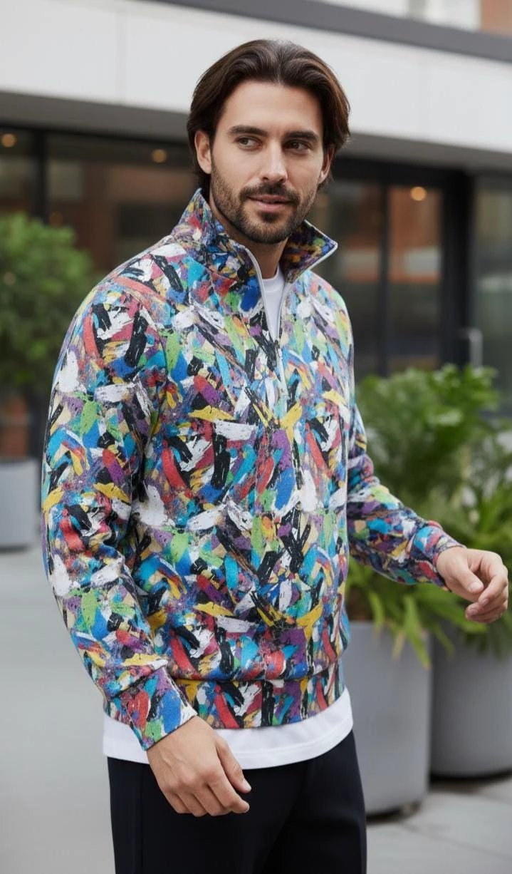 Digital Impasto Paint Stroke Half-Zip for Fine Artists and Curators — 310gsm 100% Cotton Premium Pullover, Stand-Up Collar Art Statement