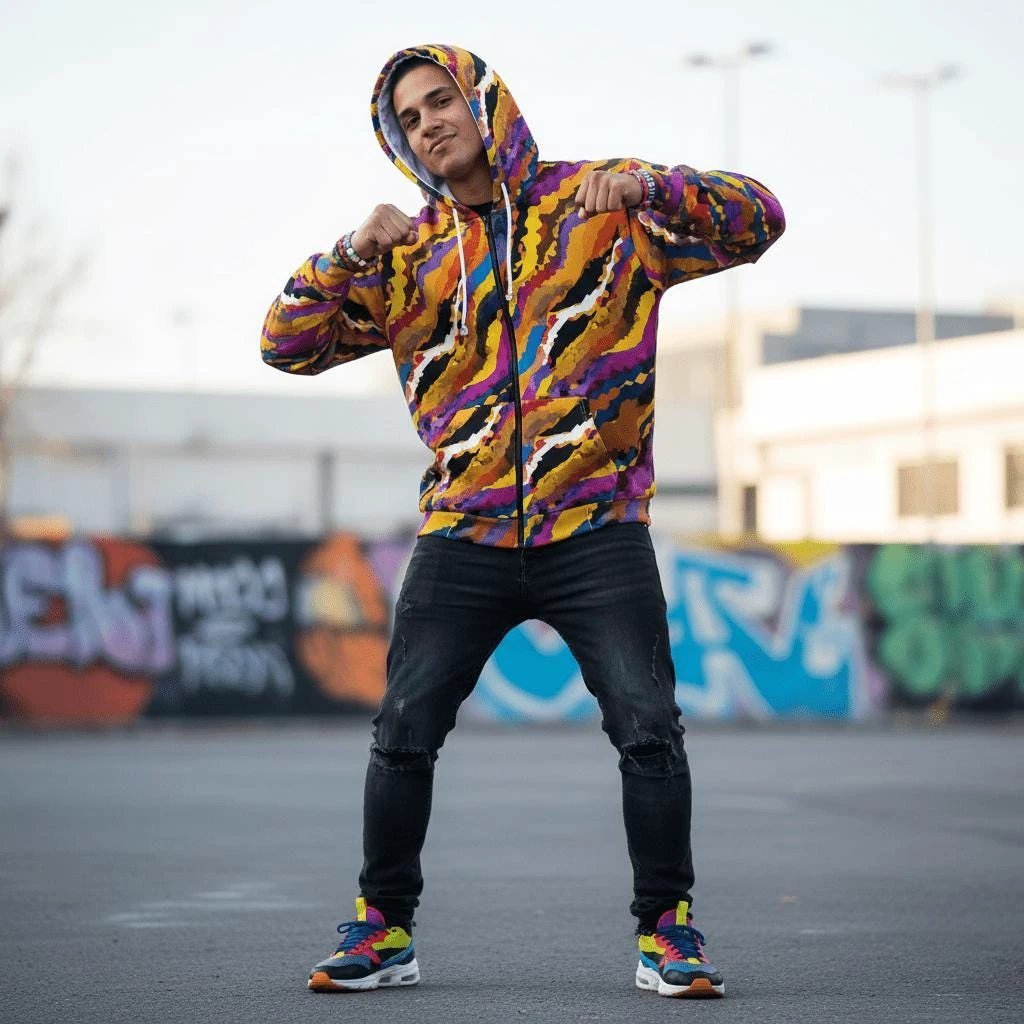 Crisp Burn Painted Strata Zip Hoodie for Desert Rave Dressers — Sunset Wave AOP Brushed Fleece, Burnt Amber Magenta Electric Blue