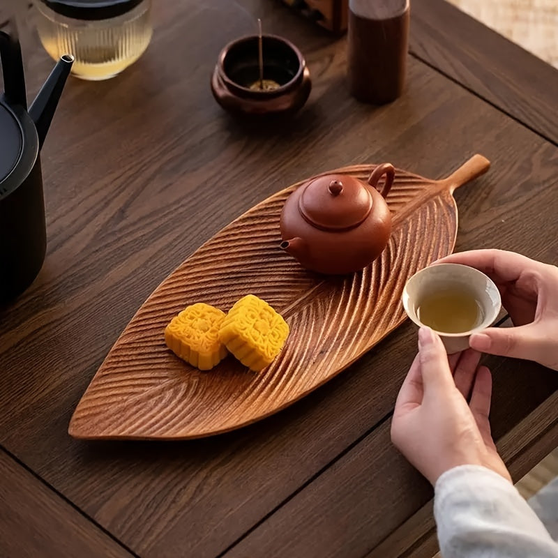 GOXAWEE Leaf-Shaped Acacia Wood Serving Tray with Handle - V1SC