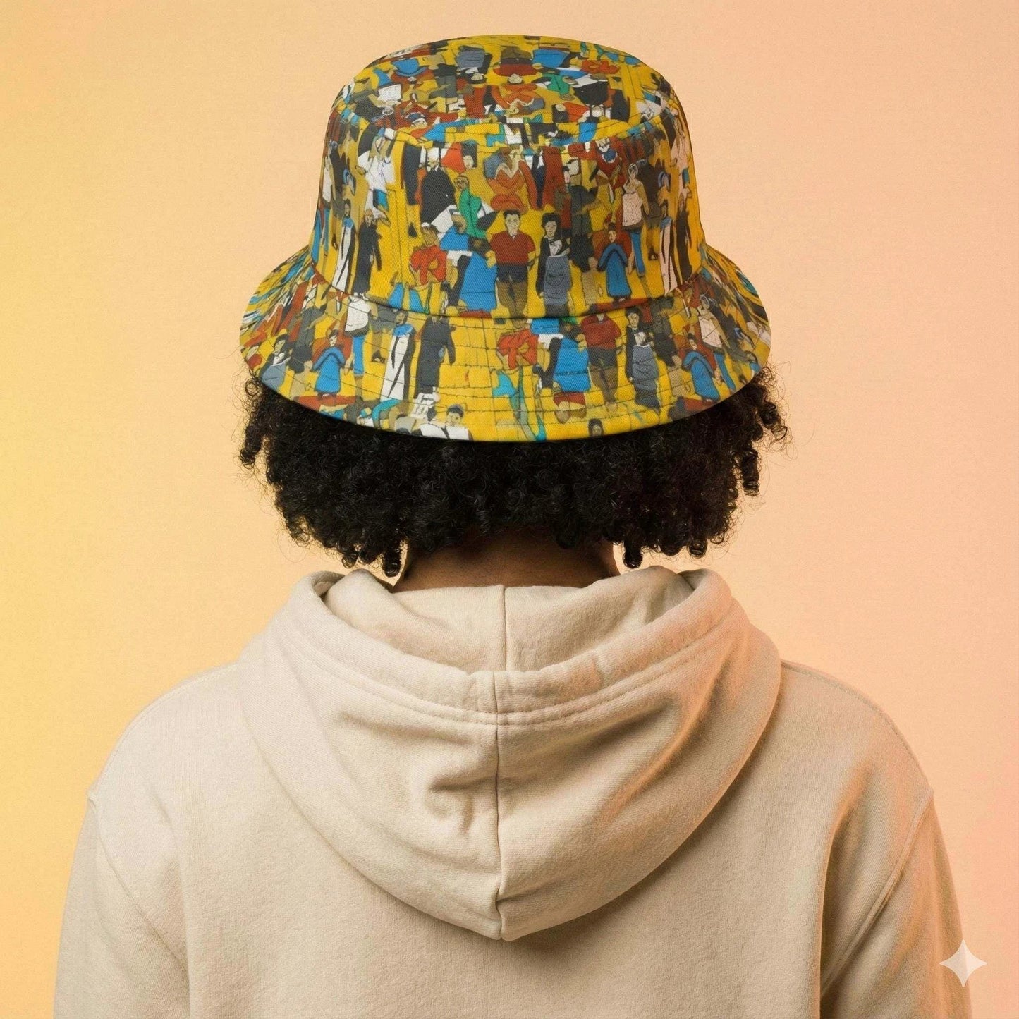 Crowd Theory Illustrated Bucket Hat for Urban Maximalists — Dyles Mavis AOP Where's-Waldo Collage, Bold Yellow Festival Headwear, Made in USA