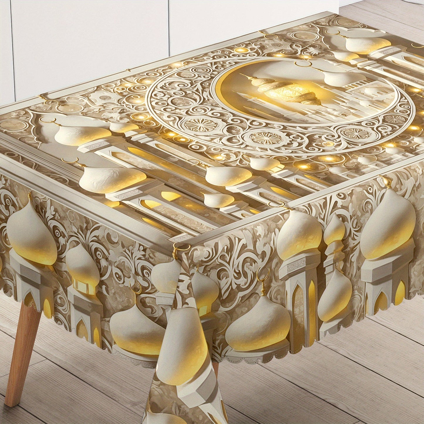 Elegant White Moon & Islamic Architecture Tablecloth TJR9M6D