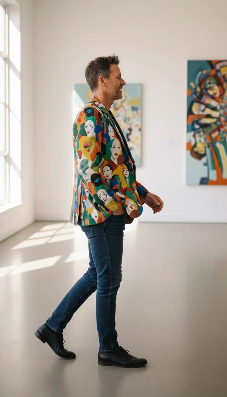 Urban Crowd Faces Designer Blazer - Bold All-Over Print Cotton Suit Jacket for Creatives