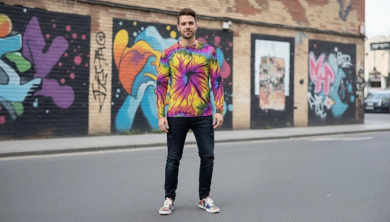 Cyber-Marble Liquid Glitch Long Sleeve Henley — Maximalist AOP Streetwear Top, 280gsm Polyester-Spandex, Glitchcore Digital Marble Print