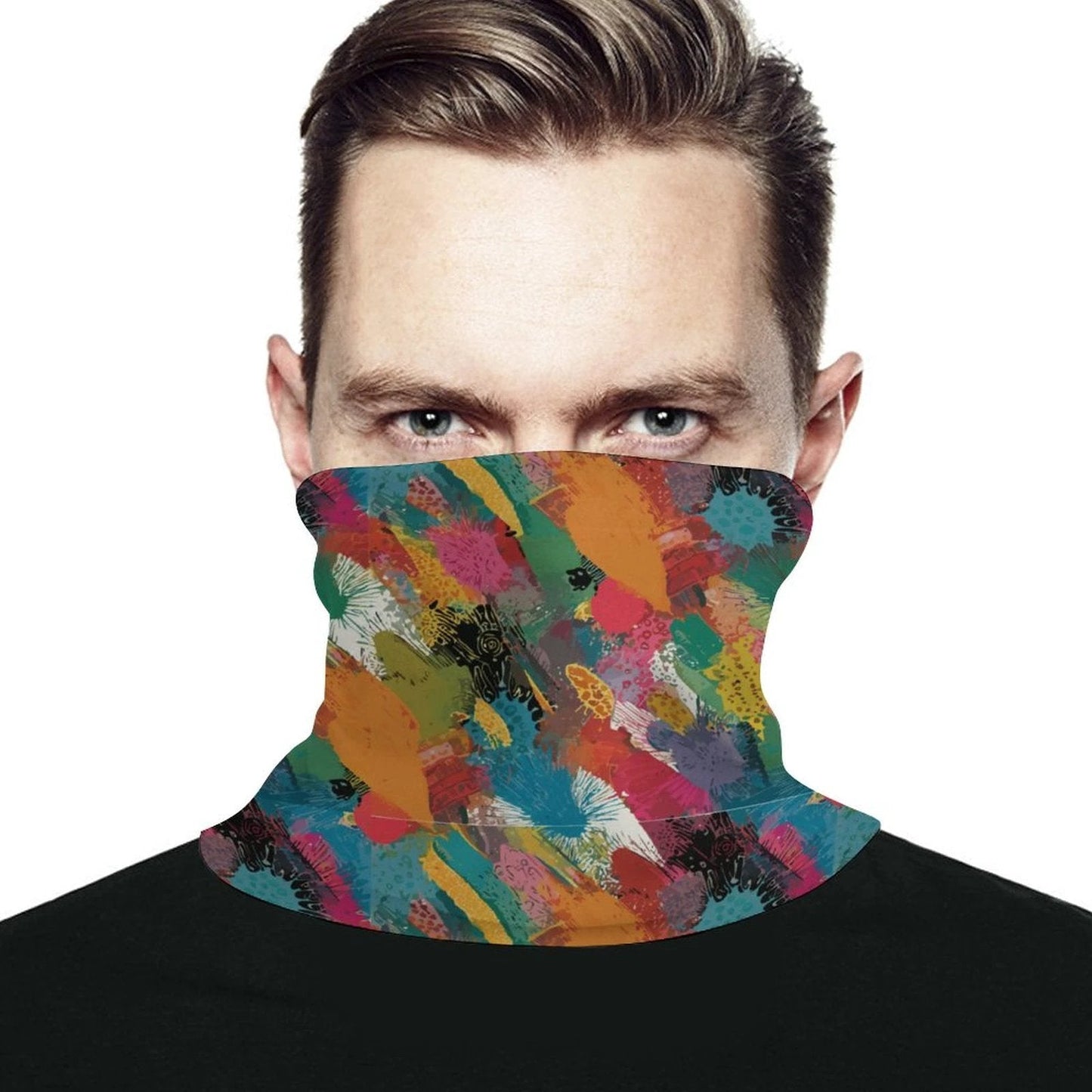 Painted Camo Neck Gaiter — Multicolor Brush-Dab AOP Face Cover for Festival, Trail & Slope Days