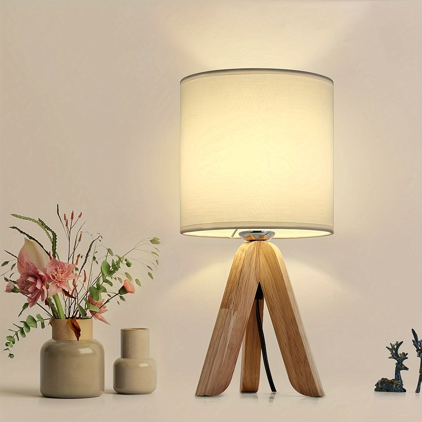 LYOOWNG Wooden Tripod Table Lamp with Linen Shade - YVG9