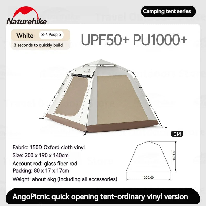 Naturehike ANGO 3 Picnic Quick Opening Tent 3-4 Persons Automatic Easy to Set Up Large Space Luxury Sunshade Family Camping Highly Durable Rainproof Canopy Tent