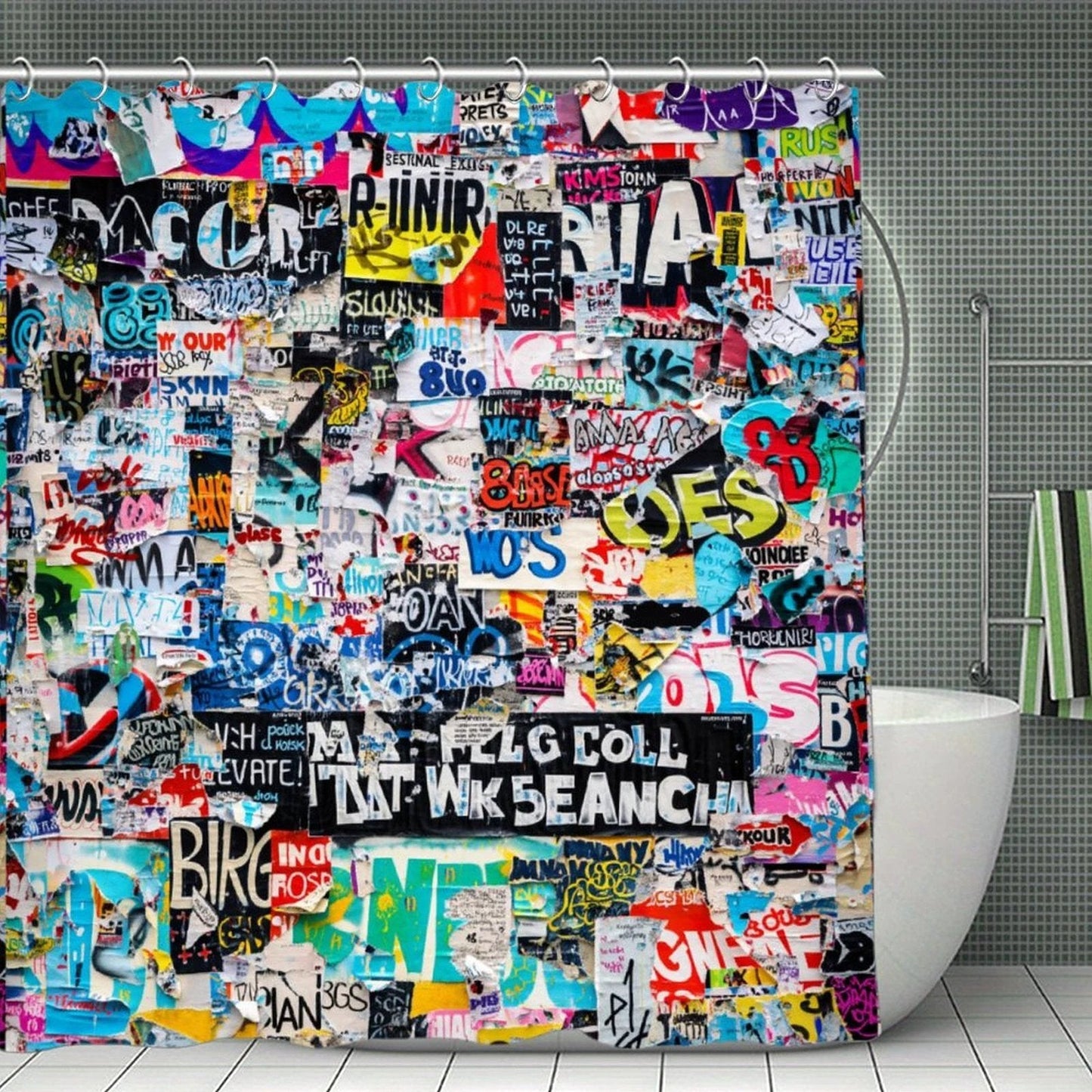 Sticker Bomb Shower Curtain — Waterproof Graffiti Collage AOP Bathroom Statement, Dopamine Decor