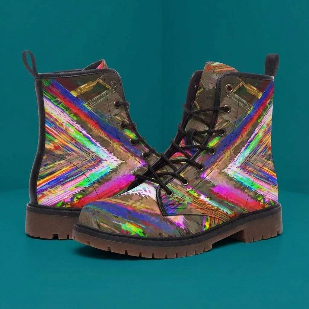 Trippy Goth Platform Combat Boots - Psychedelic Nightcore Alt-Fashion Footwear for Raves & Edgy Streetwear