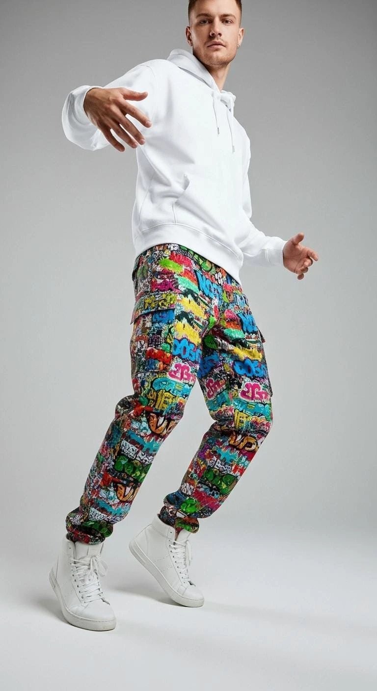 Graffiti AOP Cargo Pants for Urban Explorers — Abstract Splatter Utility Trousers, Cybercore Streetwear Bottoms, Festival Rave Pants