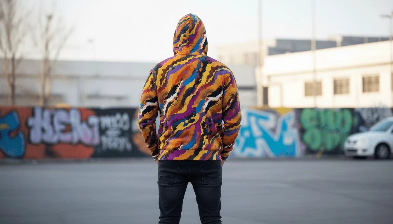 Crisp Burn Painted Strata Zip Hoodie for Desert Rave Dressers — Sunset Wave AOP Brushed Fleece, Burnt Amber Magenta Electric Blue
