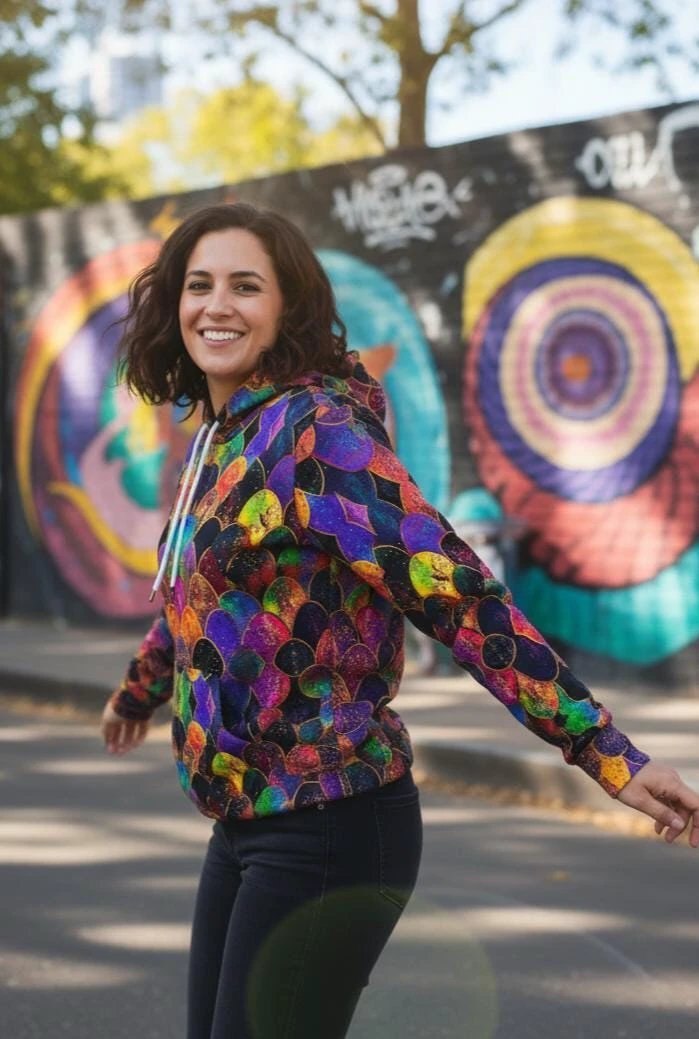 Rainbow Fish Primal Print Hoodie - Vibrant Aquatic Art Sweatshirt for Bold Streetwear