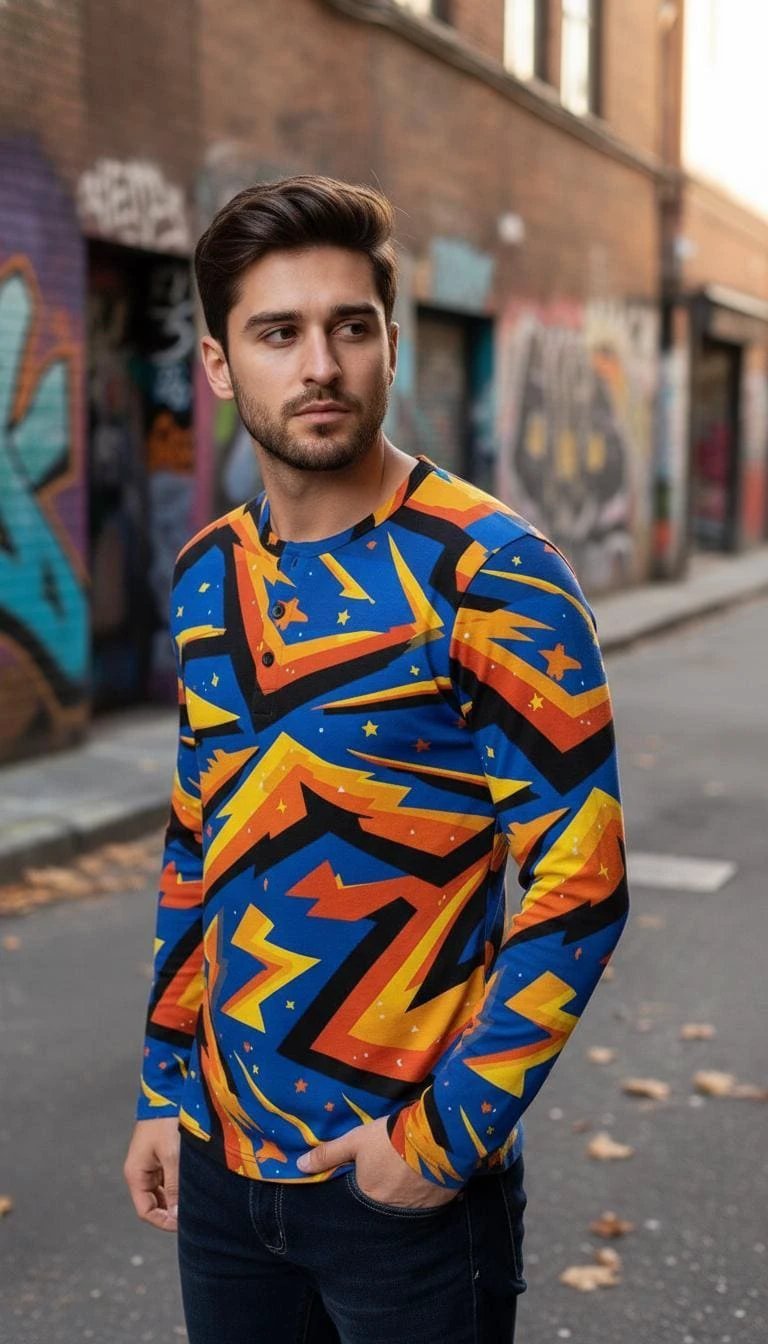 Men's Lightning AOP Henley Shirt for Maximalist Cyberpunk Streetwear Dressers — Long Sleeve Bold Print Statement Top