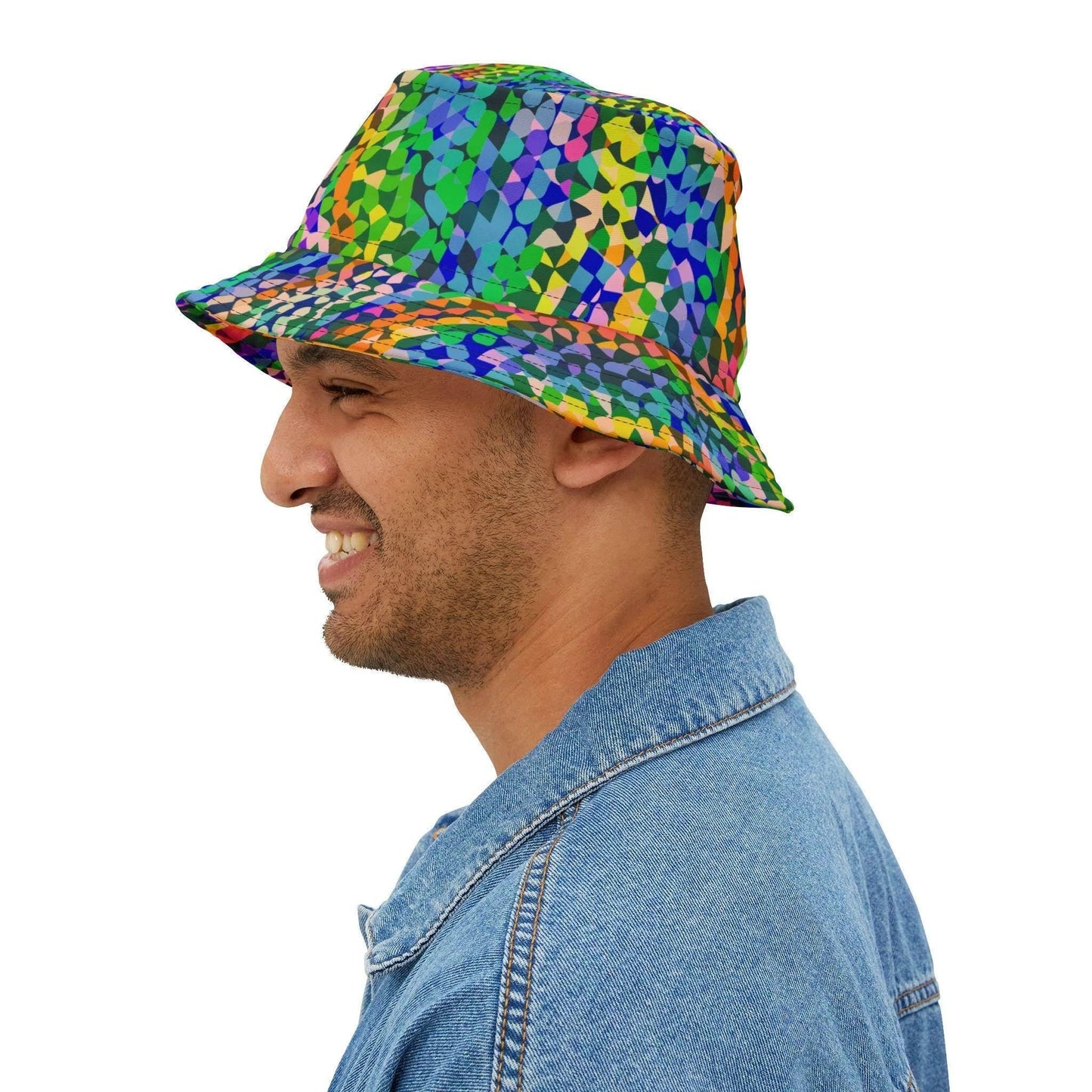 Kaleidoscope Psychedelic Rainbow Bucket Hat for Rave and Festival Dressers — Geometric AOP Sun Hat, Dance Party Trippy Headwear