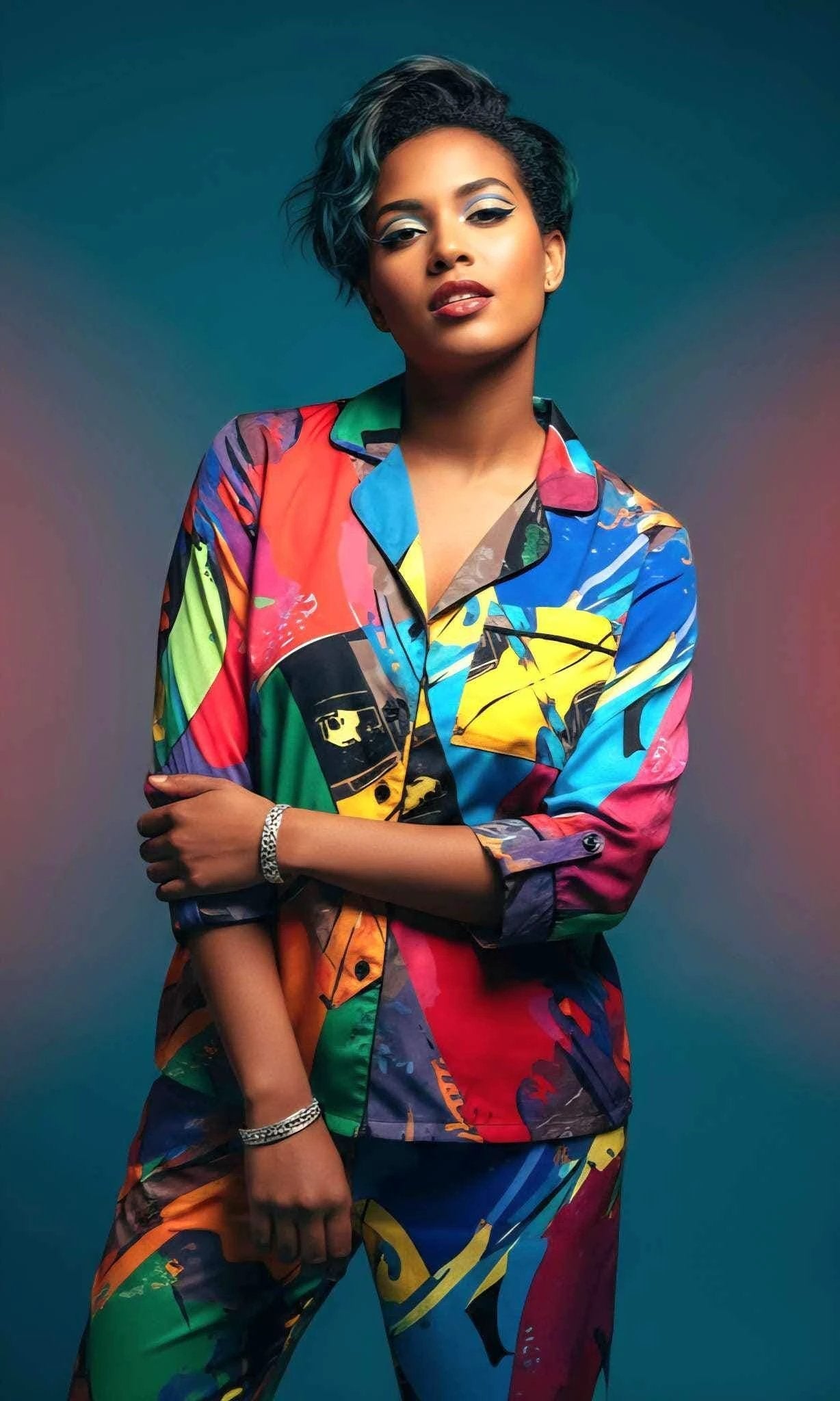 Vibrant Abstract Satin Pajama Set - Luxury All-Over Print Loungewear for Bold Sleepwear